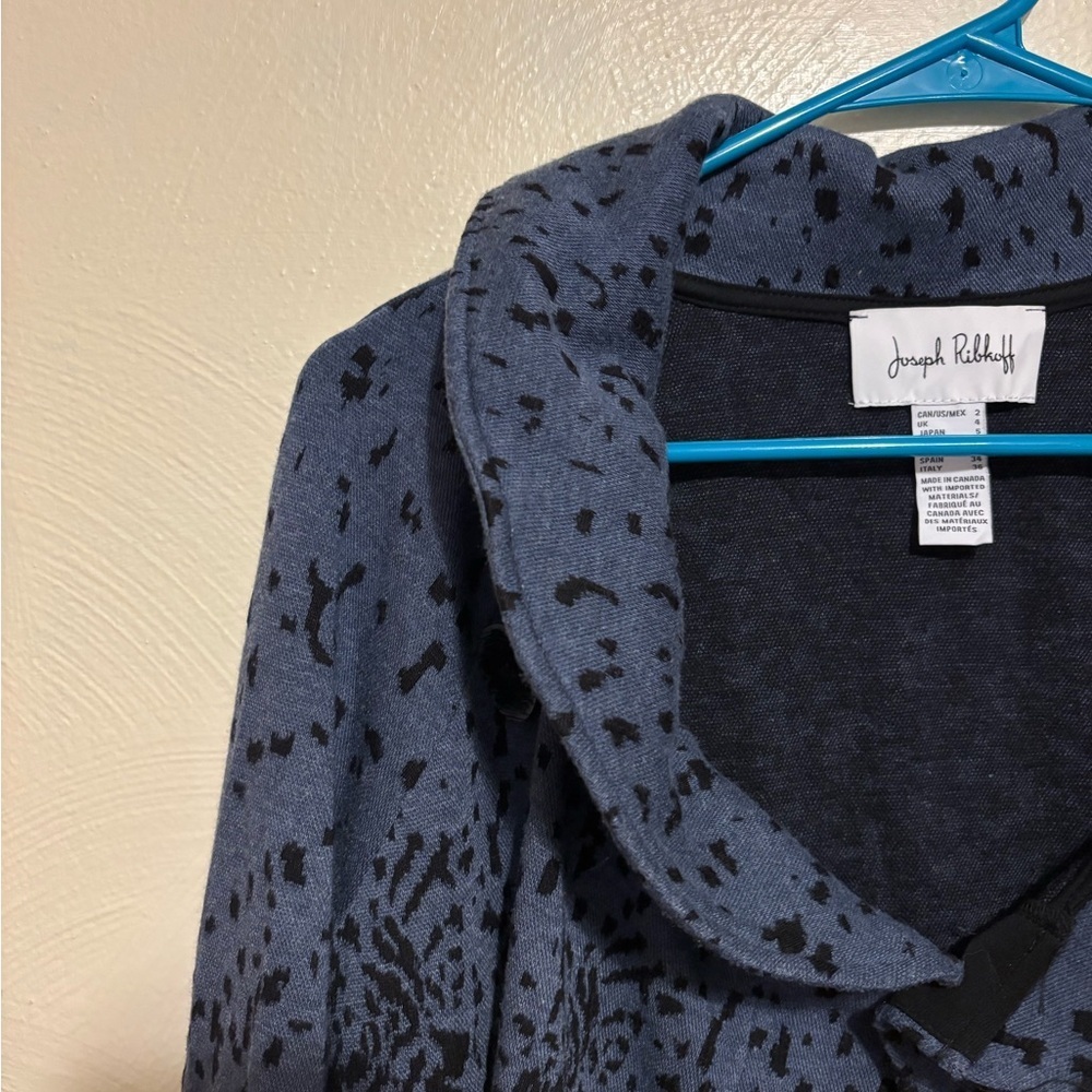 Joseph Ribkoff Cropped Open Front Jacket Slate Blue Black Print Made in Canada - Picture 5 of 7